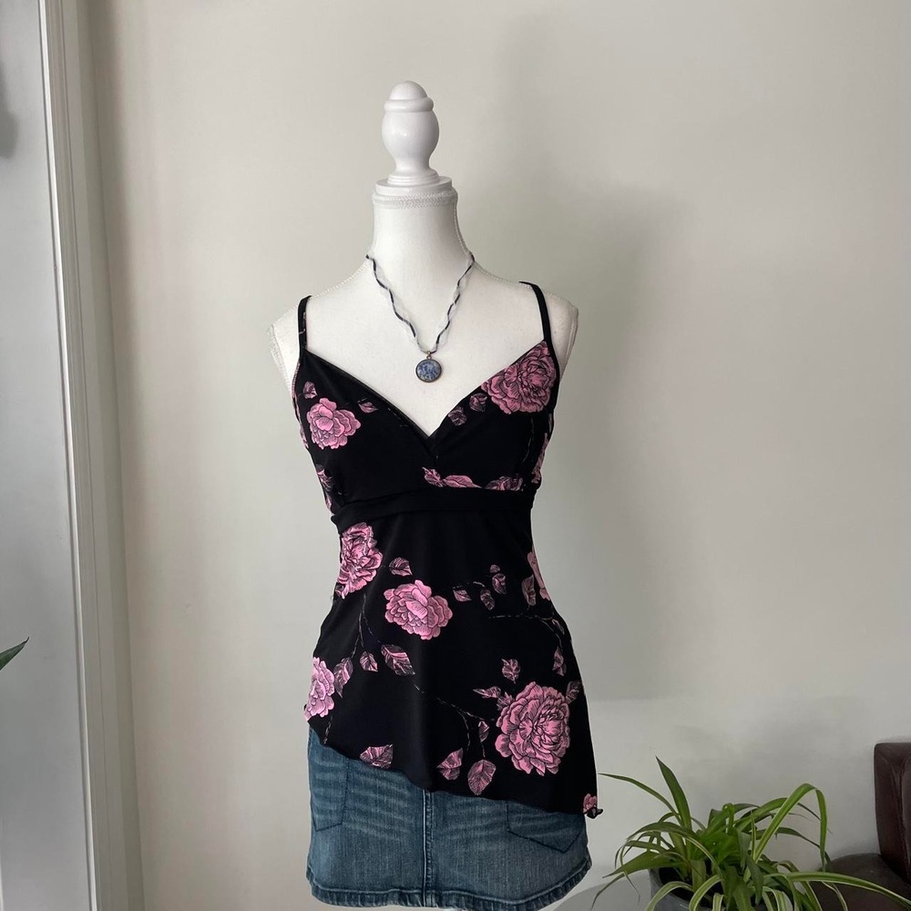 Y2k Floral Milkmaid Blouse Womens Sz M pink/black coquette softgirl feminine